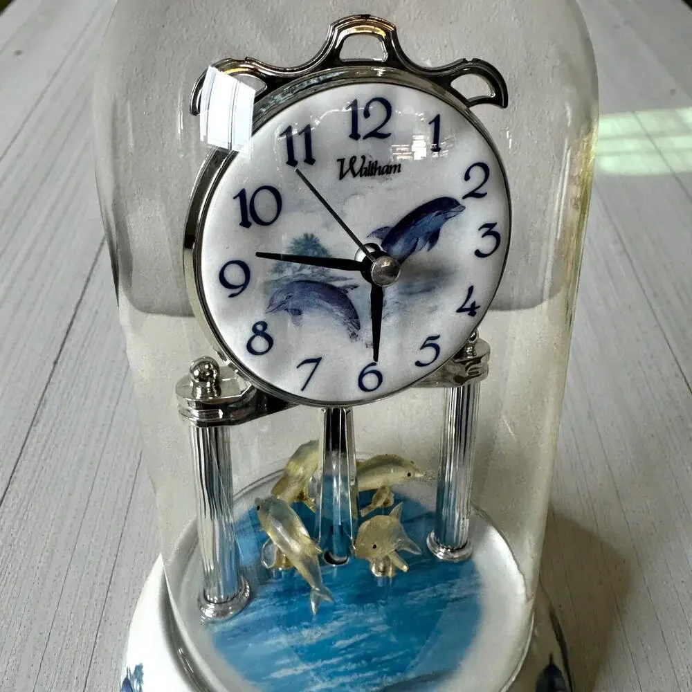 Waltham Dolphin Anniversary Clock Blue White Porcelain Glass Dome Quartz